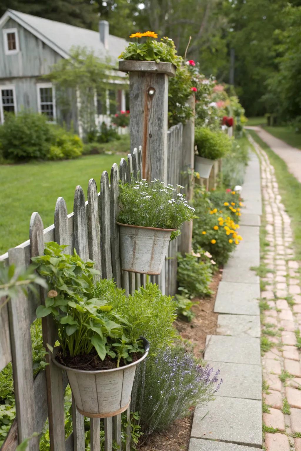Fence posts serving as frames for vertical gardening.