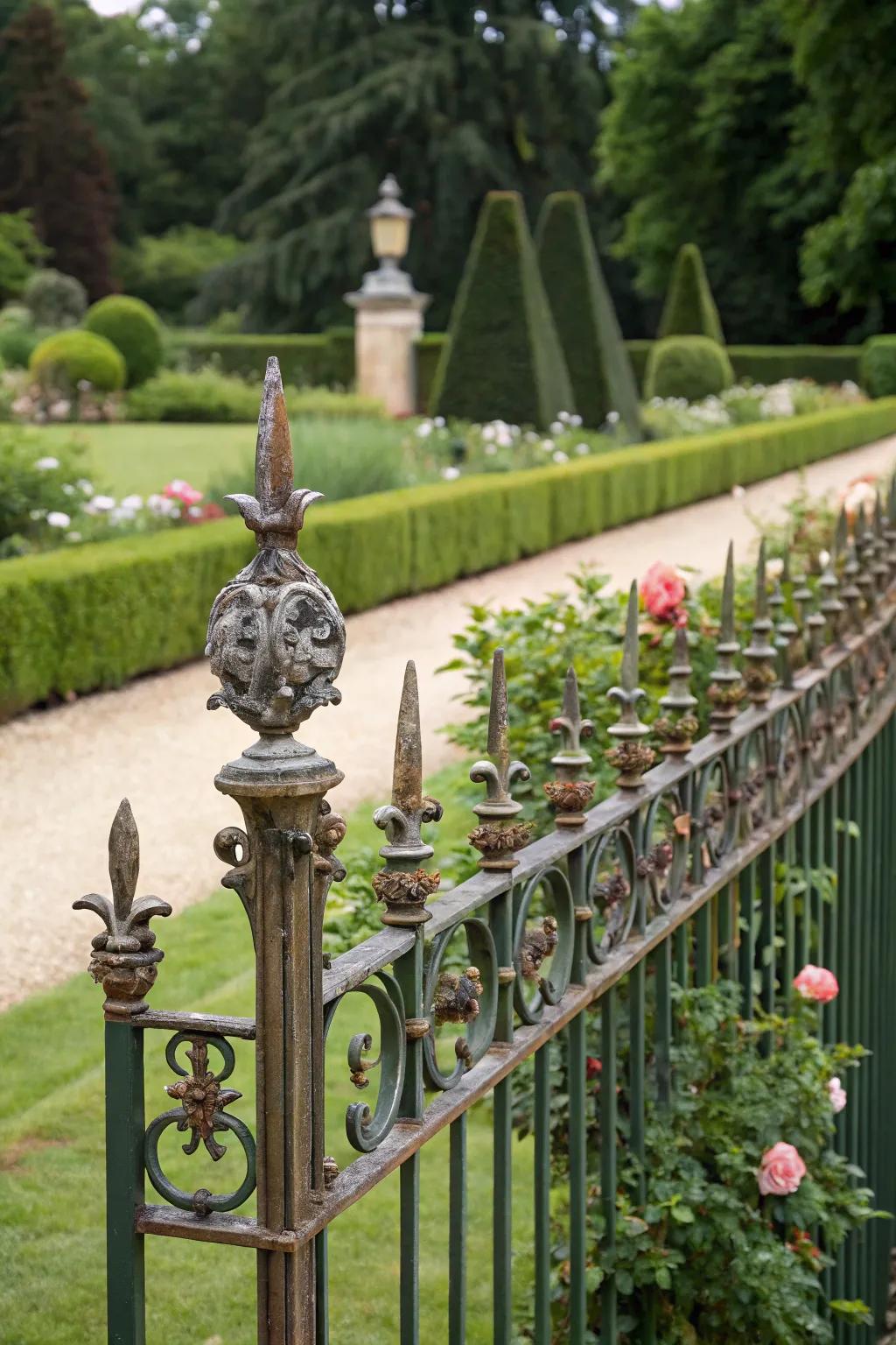 Ornate metalwork toppers enhancing elegance in a garden fence.