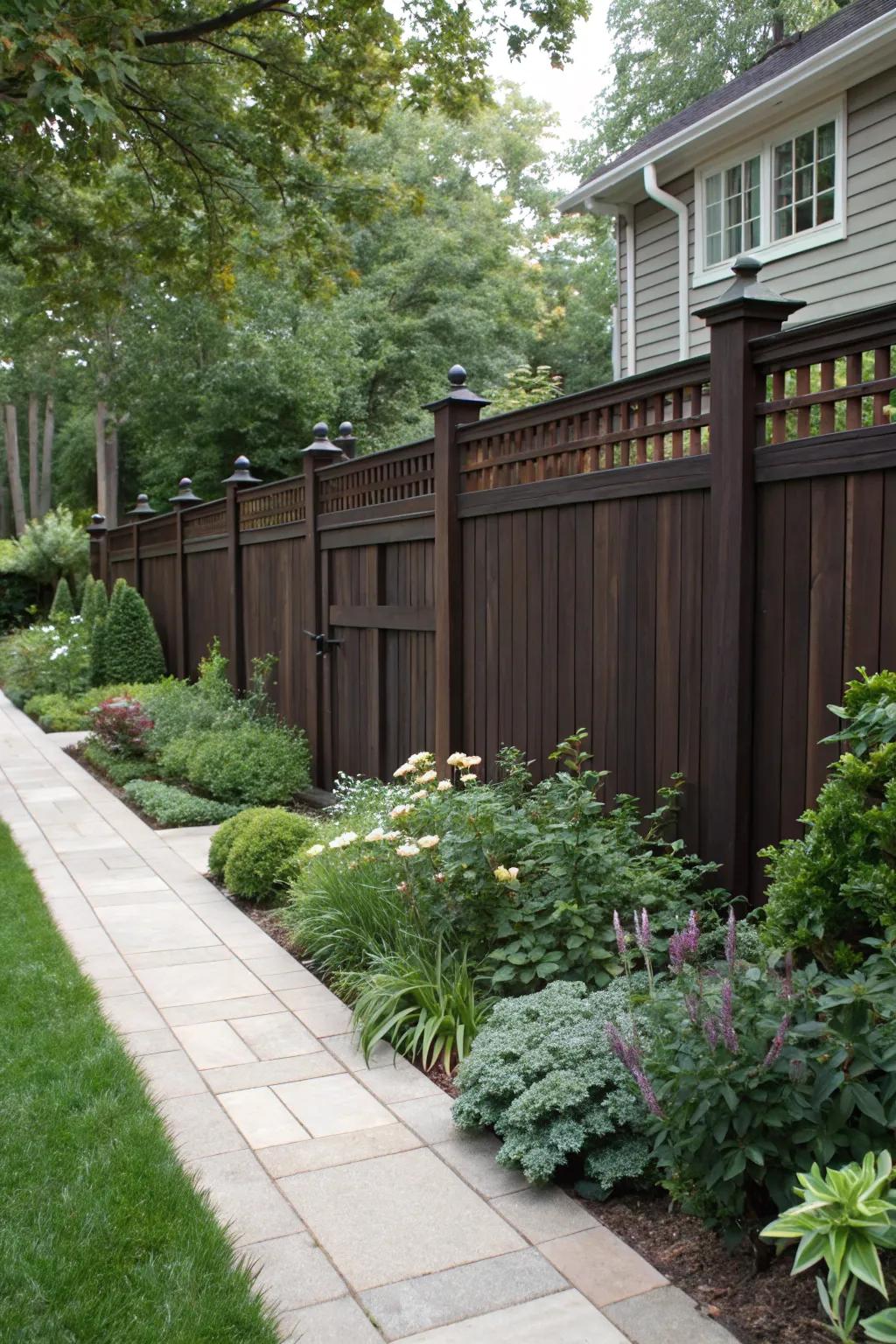 A dark walnut stained fence provides a luxurious feel in a harmonious garden setting.