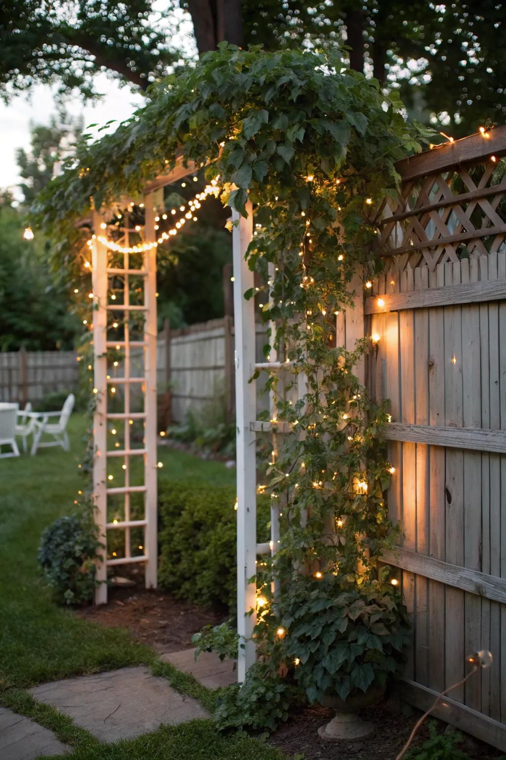 String lights on a trellis create a magical evening atmosphere.