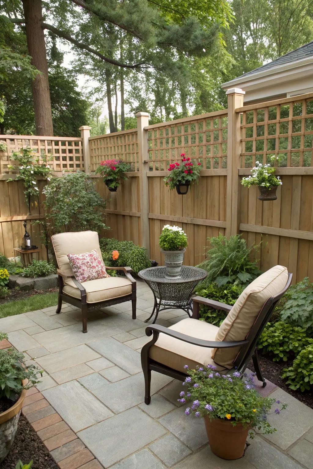 Private and airy patio with a functional shadowbox fence.