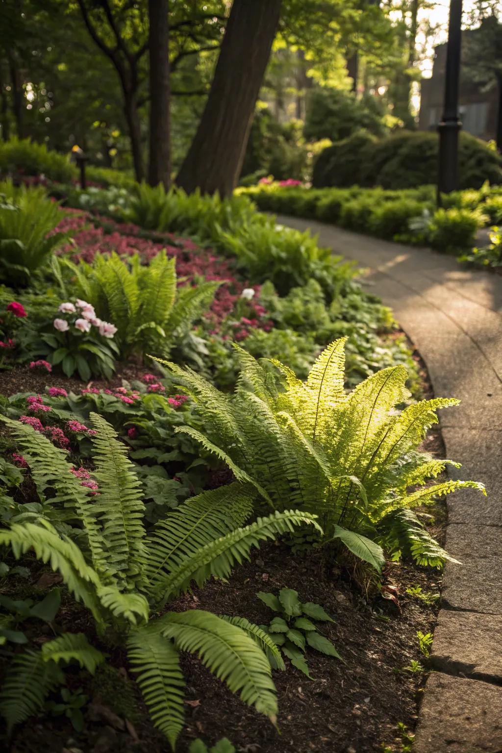 Ferns as ground cover create a lush and low-maintenance garden.