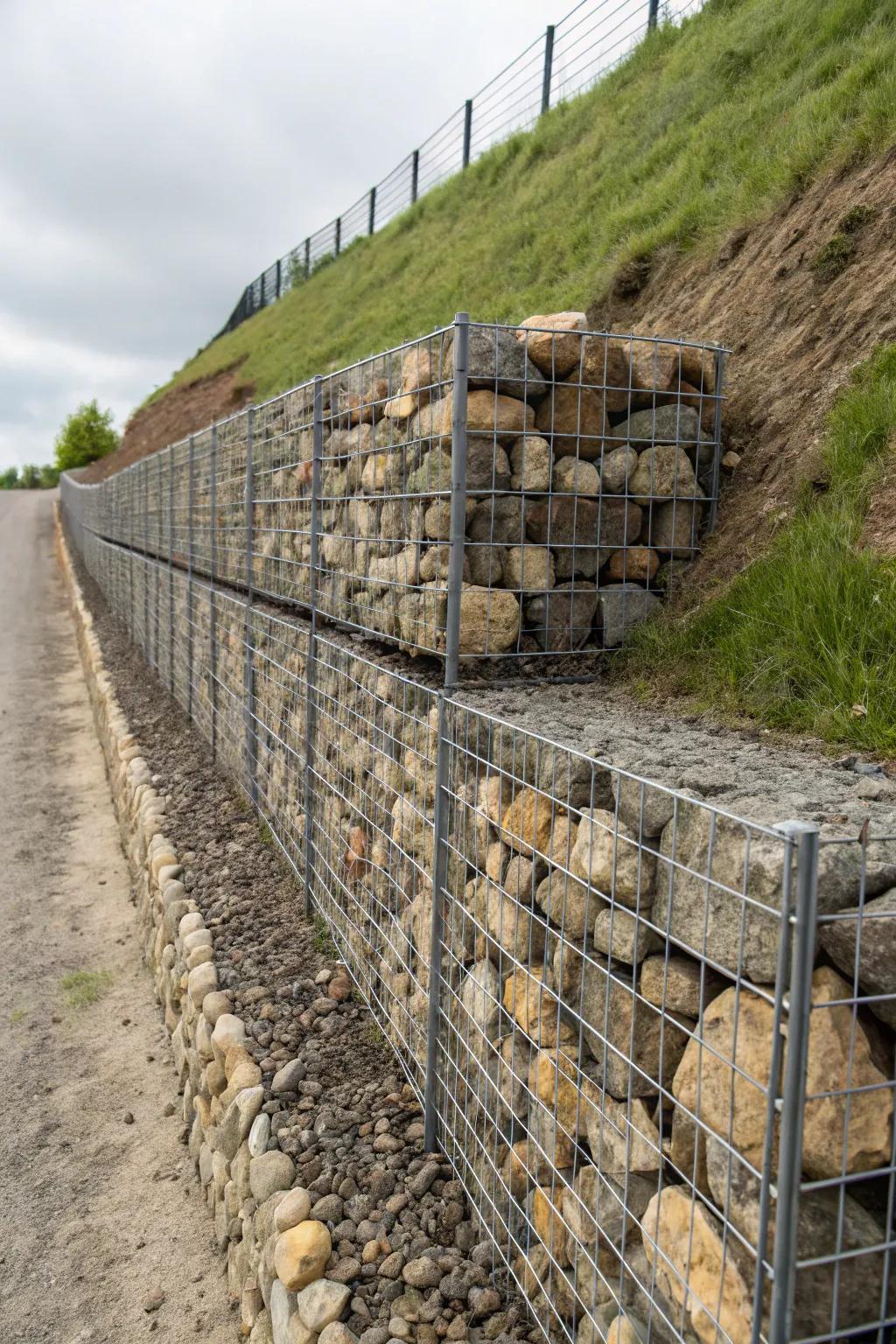 Contemporary style with gabion baskets.