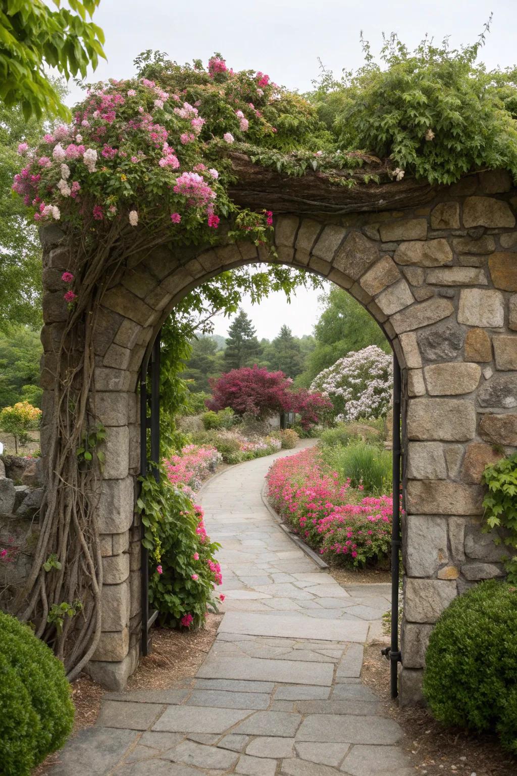 Fieldstone arches create grand and inviting garden entrances.