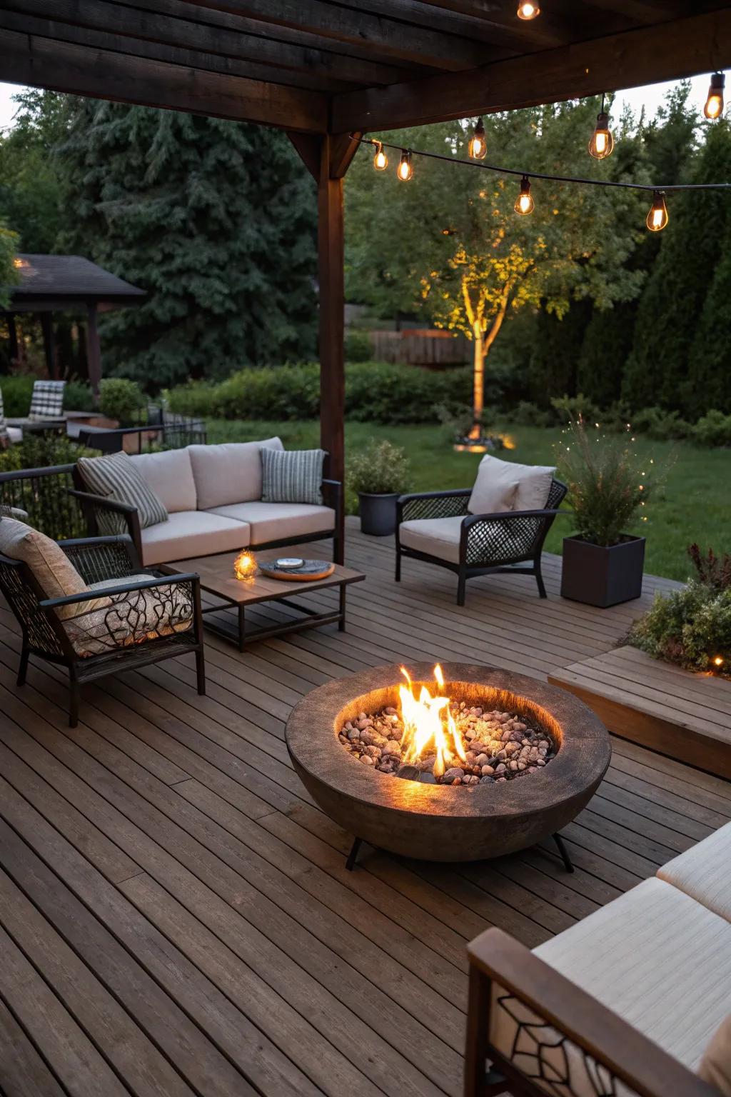 Warmth and coziness with a wooden deck surround.