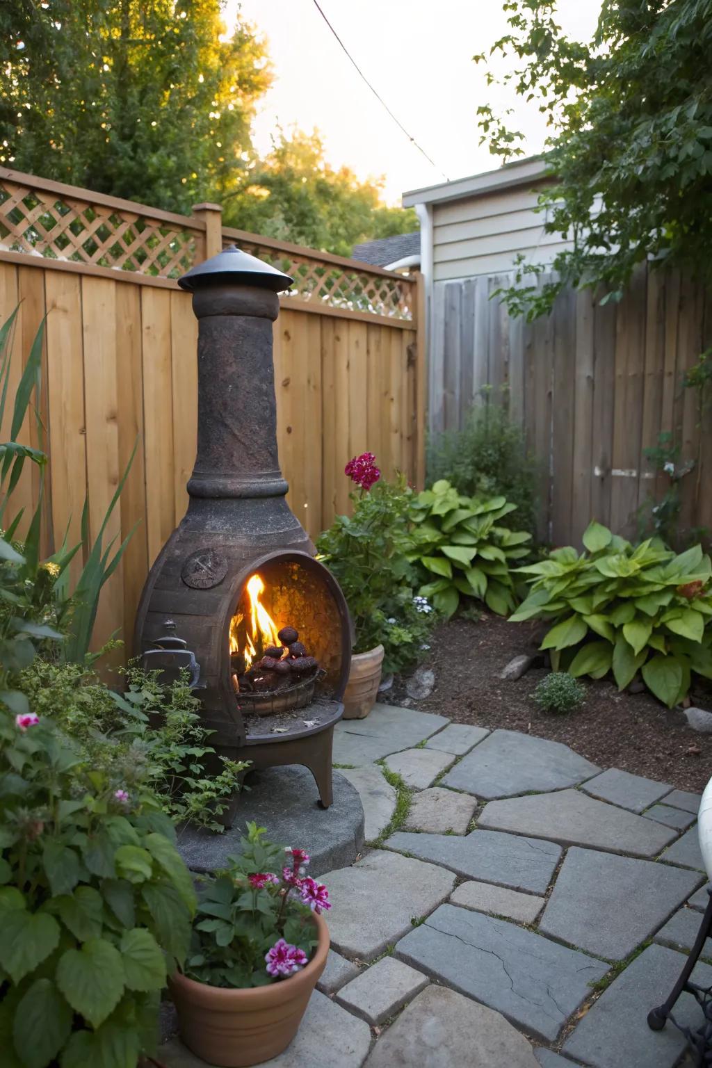 A charming chiminea providing an efficient fire pit experience.