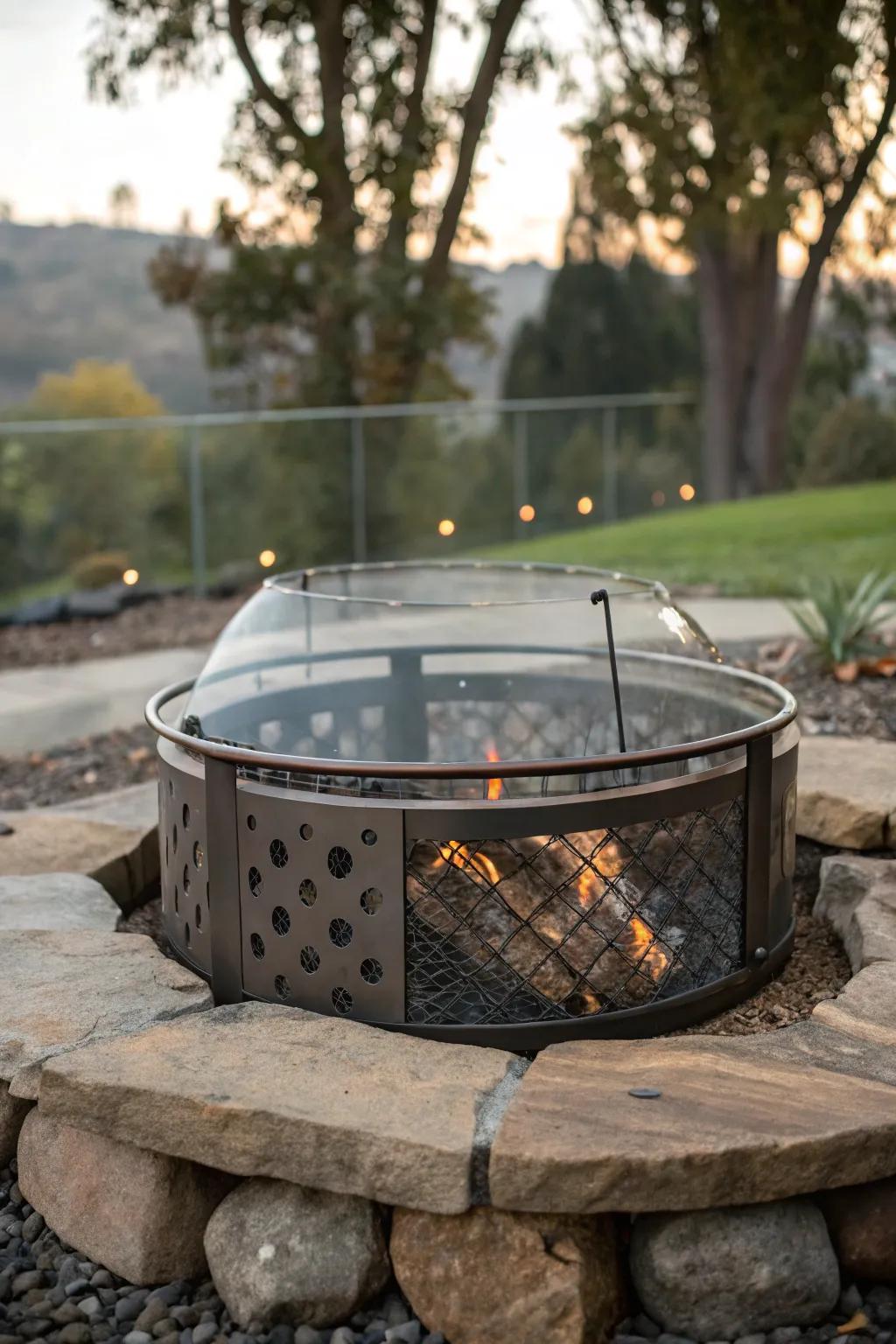 A glass wind guard keeps the fire stable and adds a sleek look to your outdoor area.