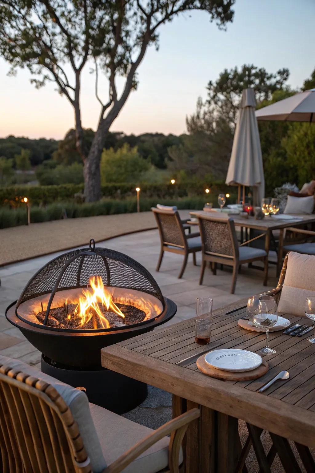 Fire pit with grill feature for versatile outdoor cooking.