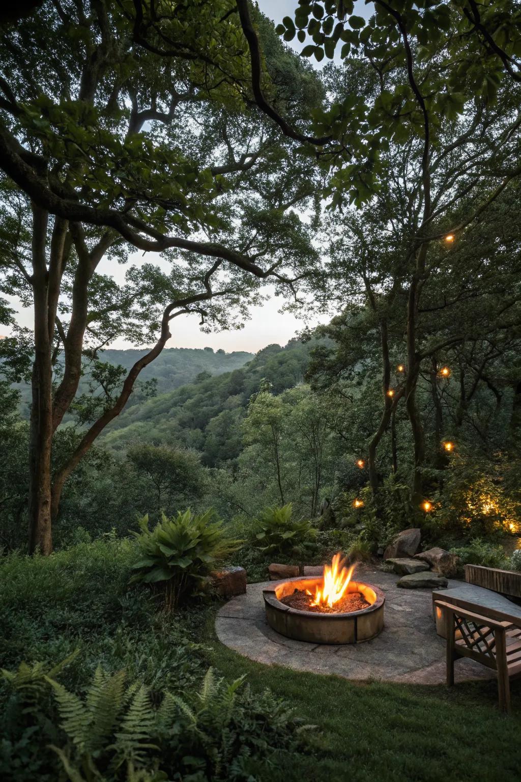 An enchanted forest surrounds this fire pit, creating a magical escape.