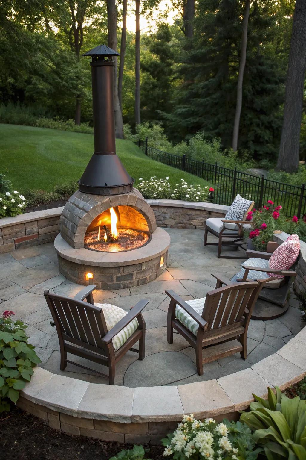 A circular fire pit with a chimney creates a welcoming and communal atmosphere.