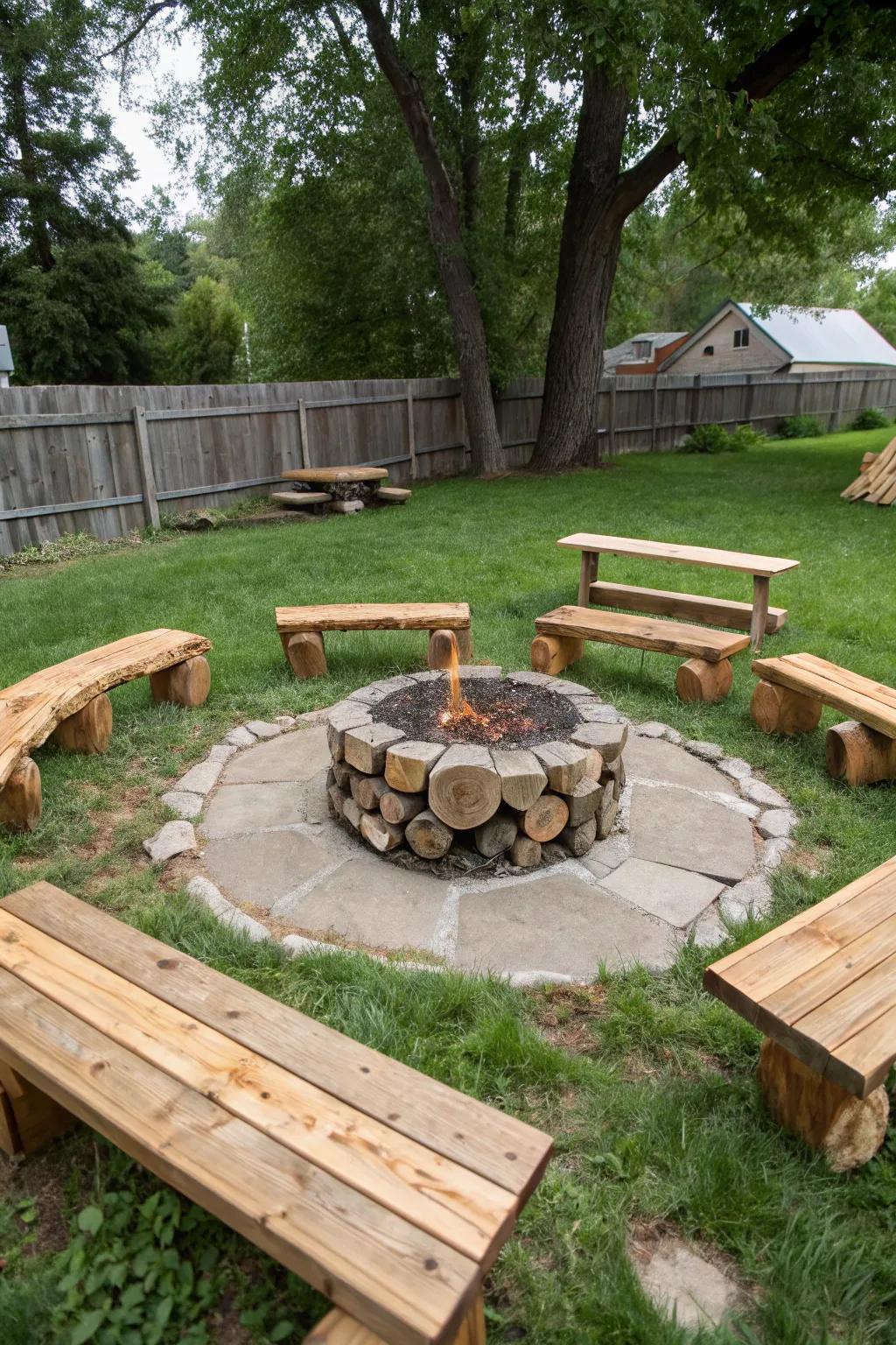 Surrounding benches create an inviting space around the fire.