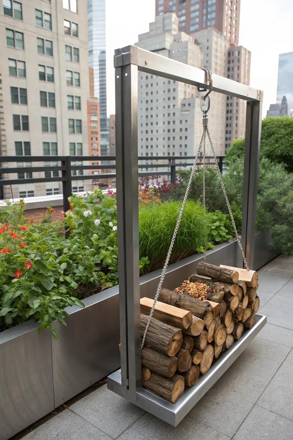 Hanging firewood rack maximizes vertical space.