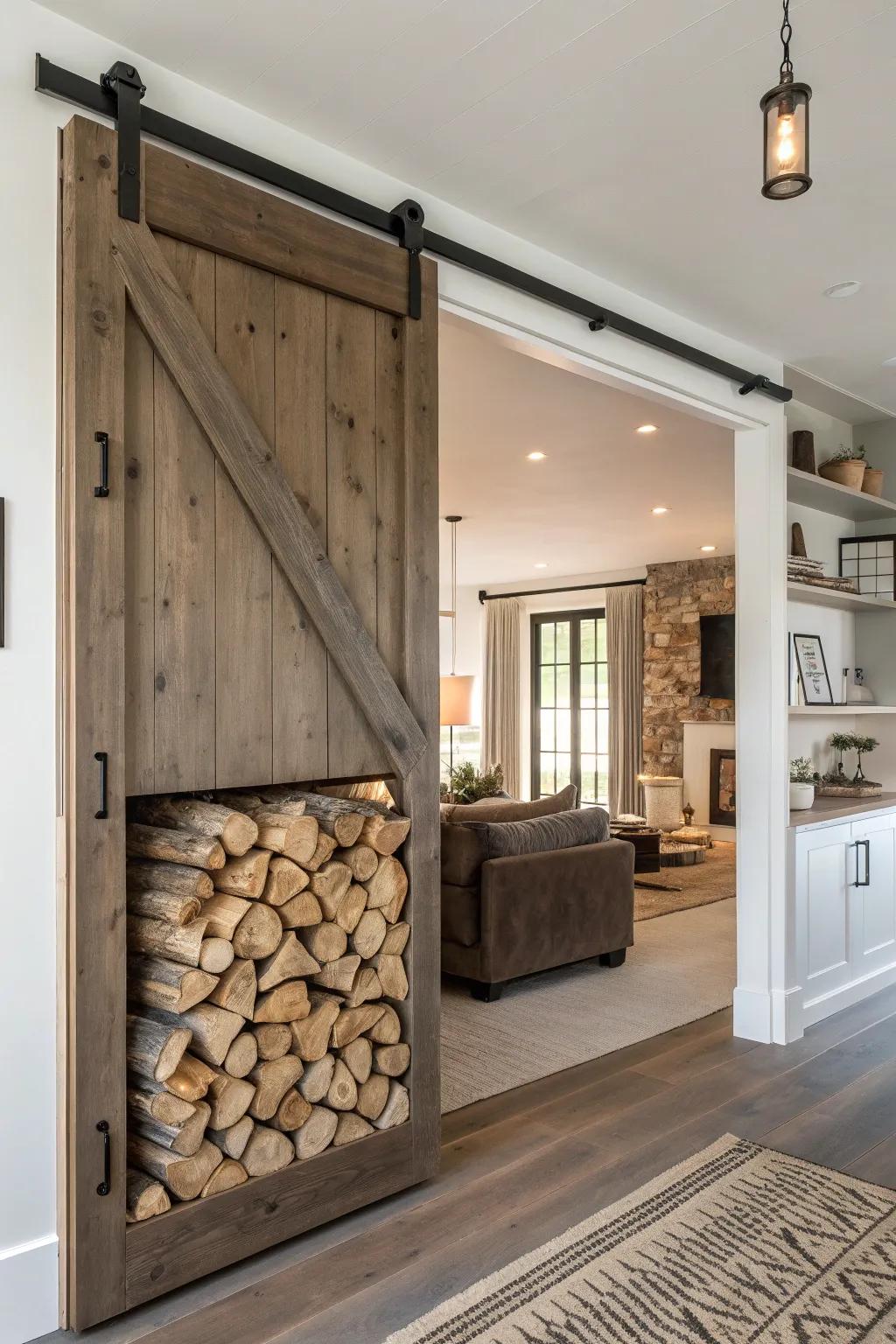 Chic barn door storage concealing firewood elegantly.