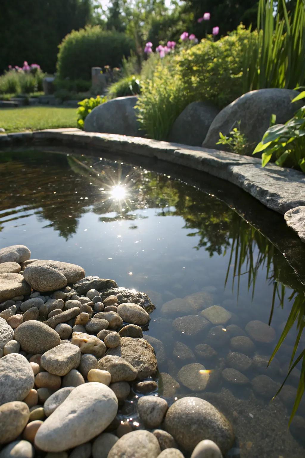 Pebbles add texture and reflect light in a garden pond
