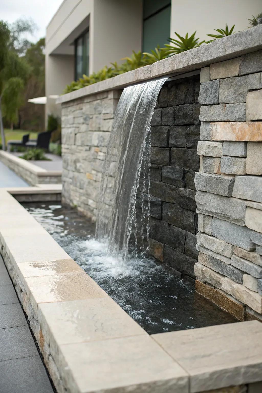 A modern flagstone wall waterfall offering a clean, contemporary touch.