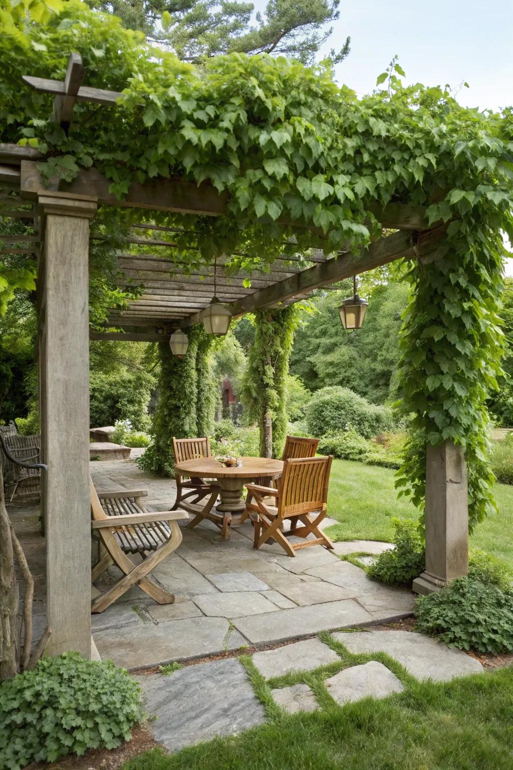 A pergola with a flat rock base offering a stable outdoor space.