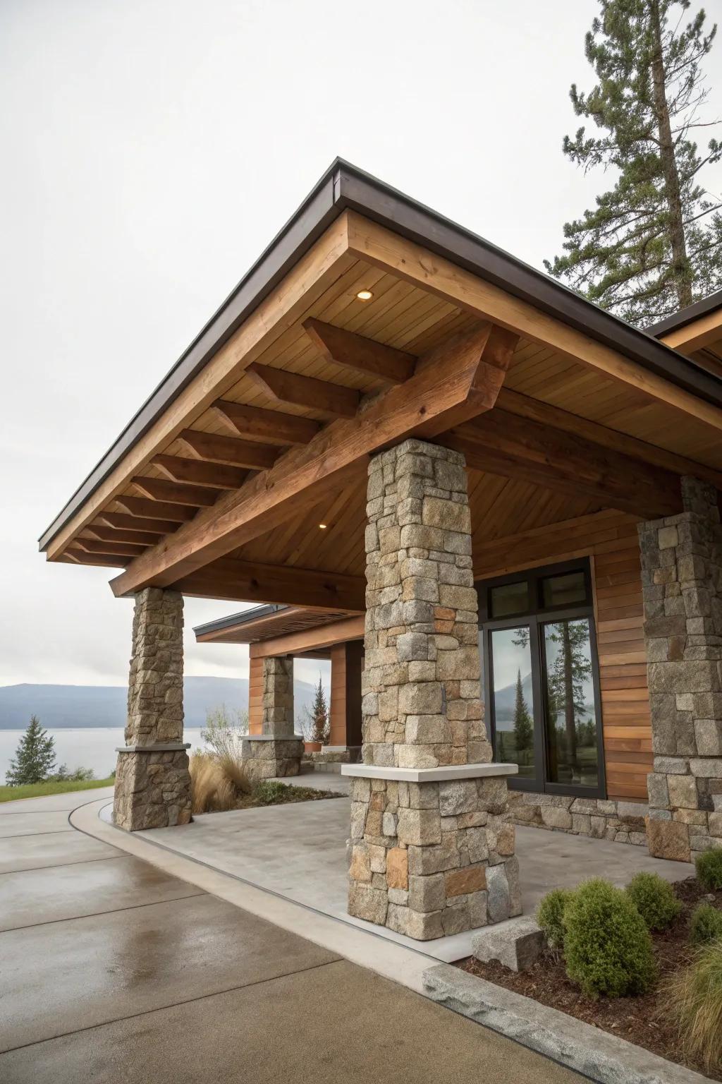 A mix of materials adds texture and depth to this flat roof portico.