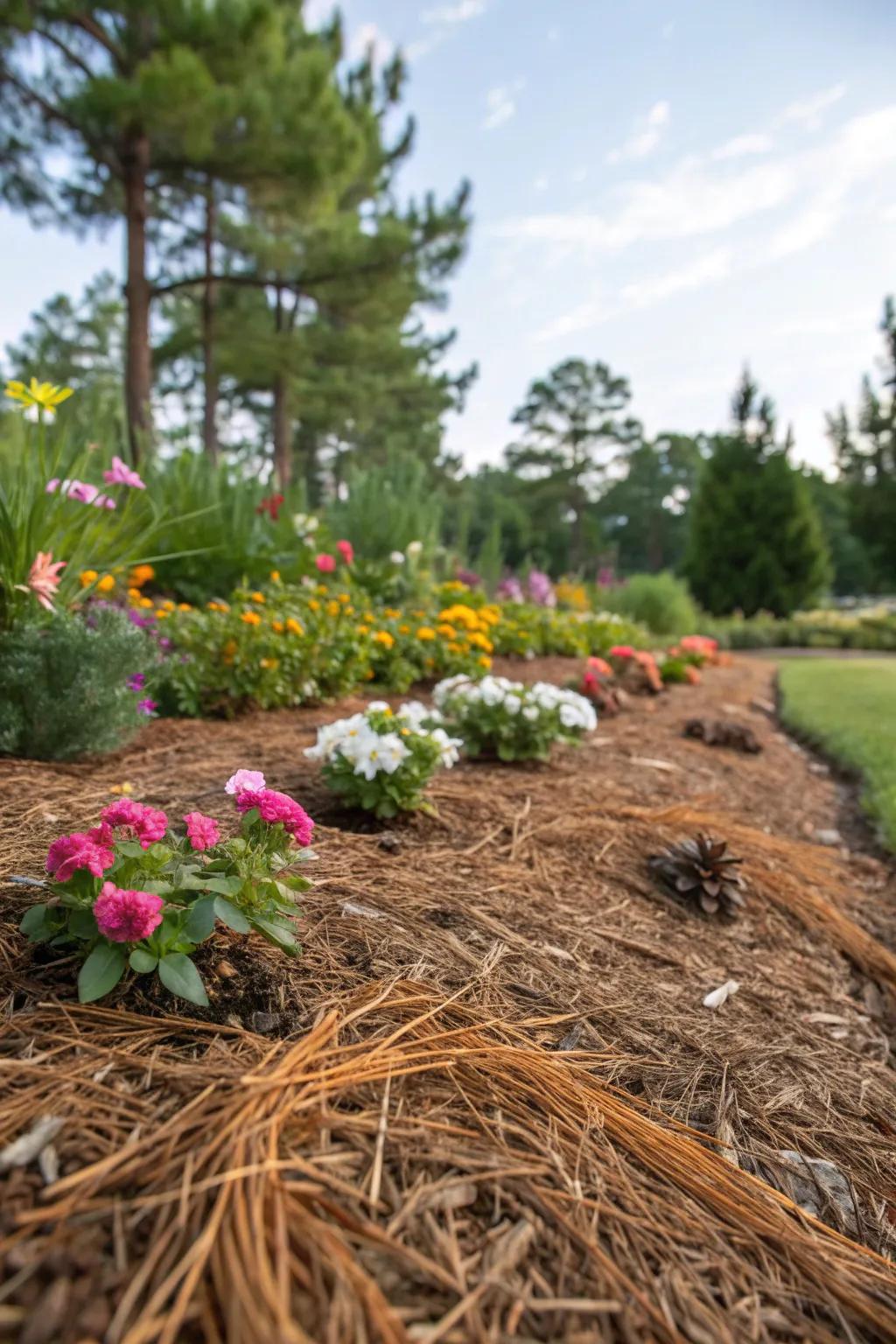 Natural mulch alternatives give this flower bed a rustic charm.
