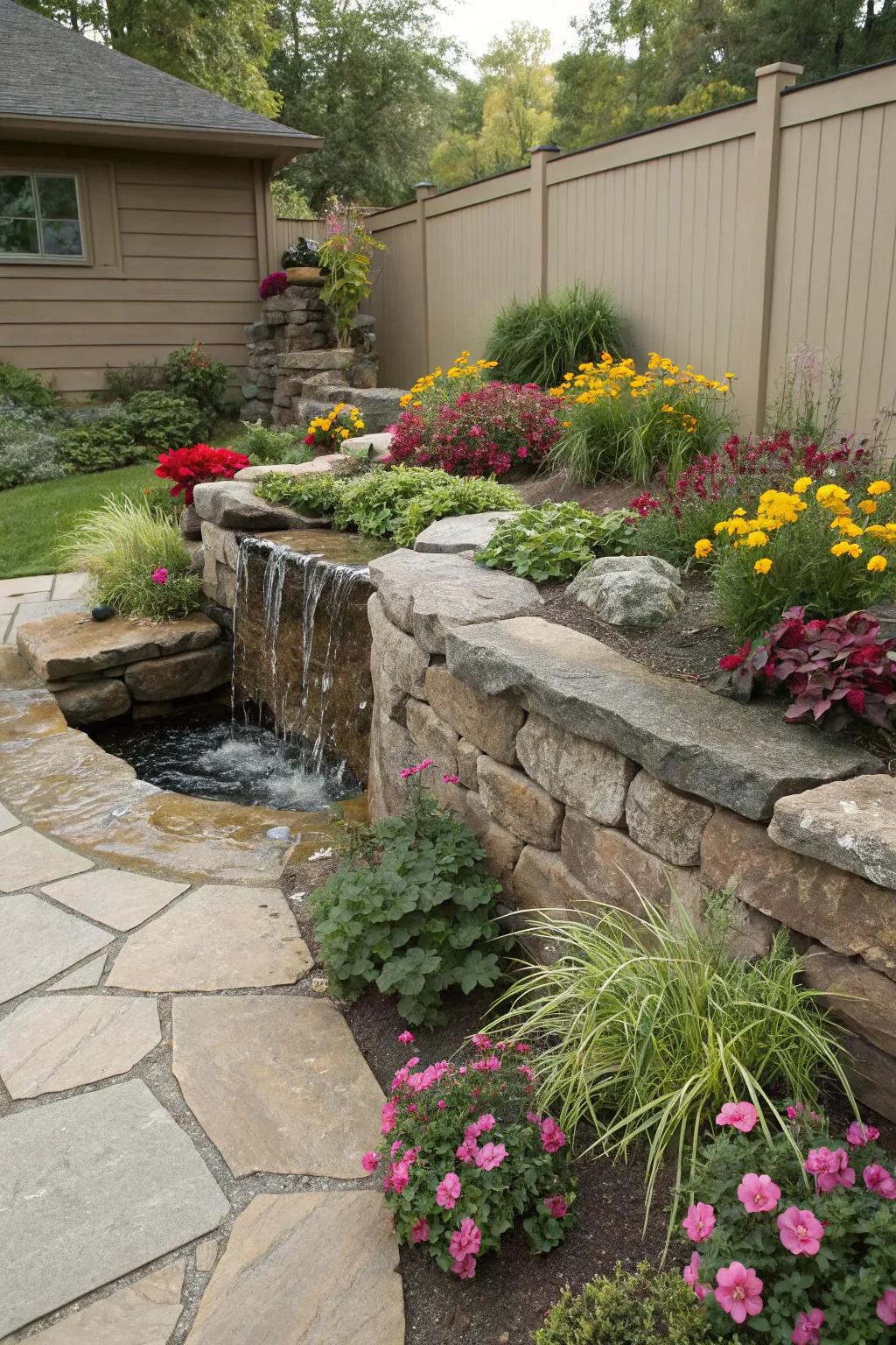 Water features in stone walls create a serene garden atmosphere.