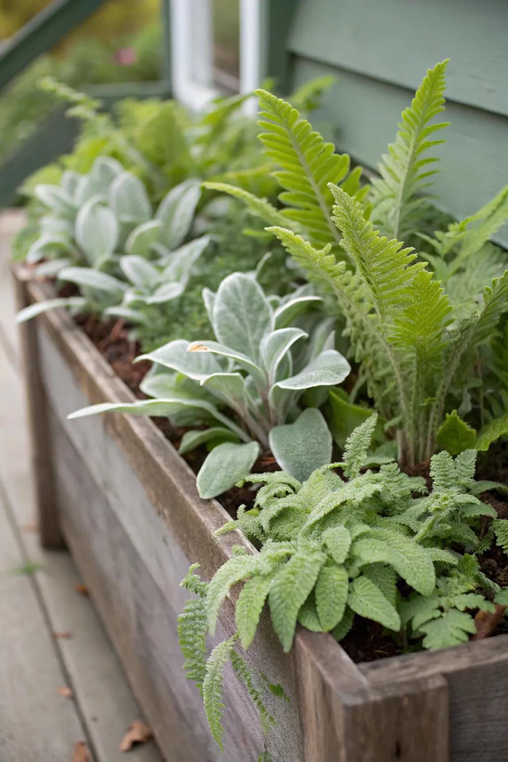 A textured mix of plants adds visual interest to flower boxes.