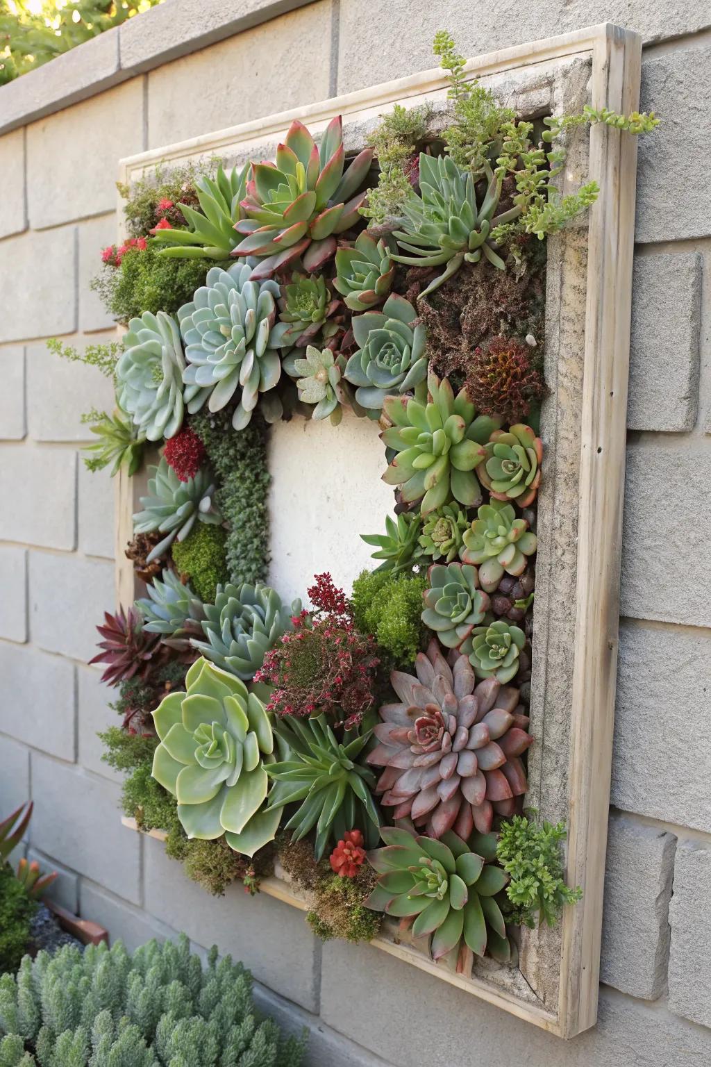 A creative succulent frame for vertical garden art.