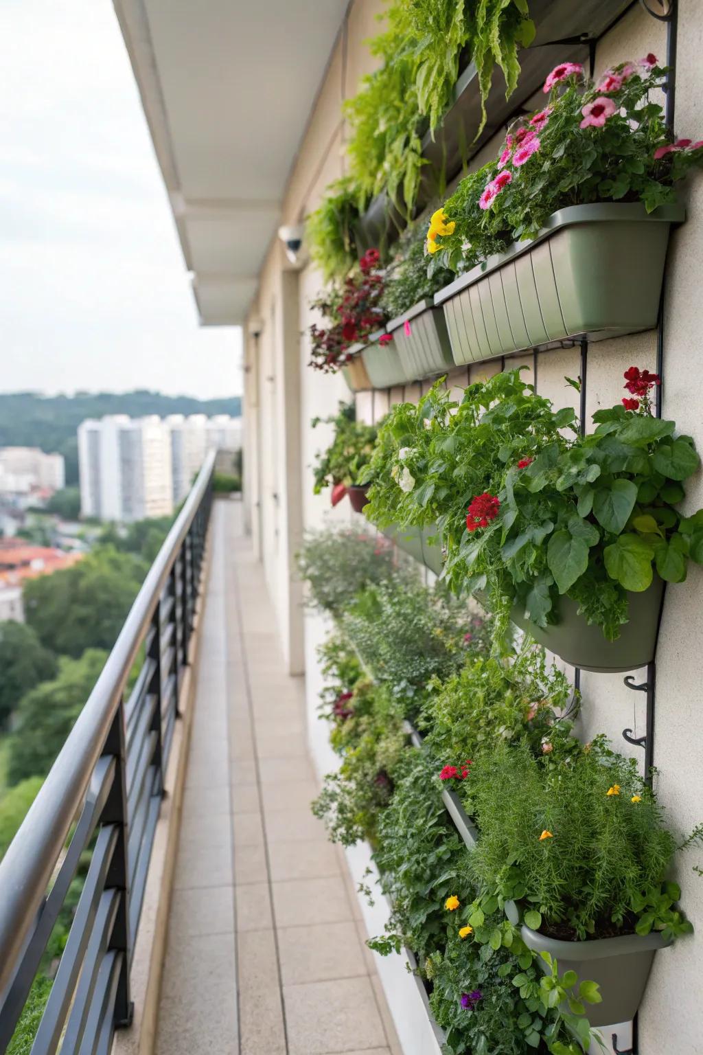 Vertical planters maximize space with a lush tapestry.