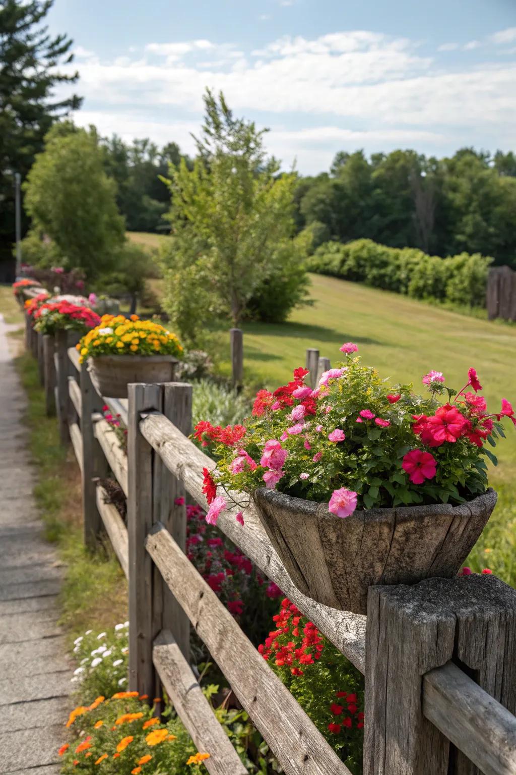 Upcycled wooden planters add a rustic charm to any fence.