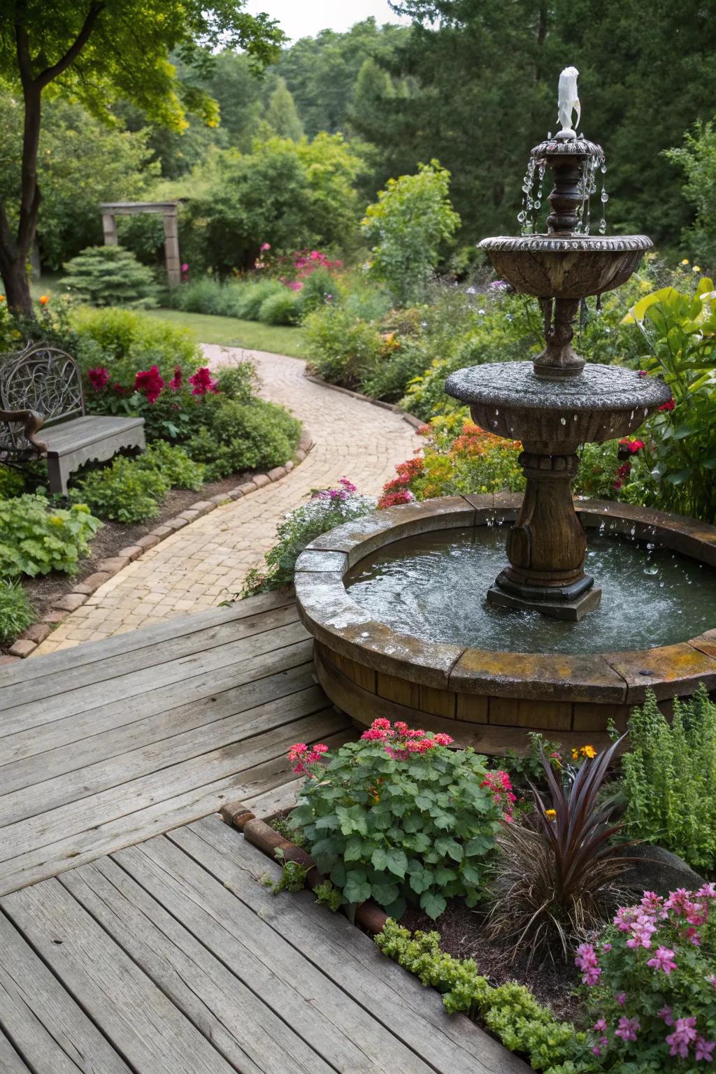 A wooden deck base adds warmth and versatility to your fountain.