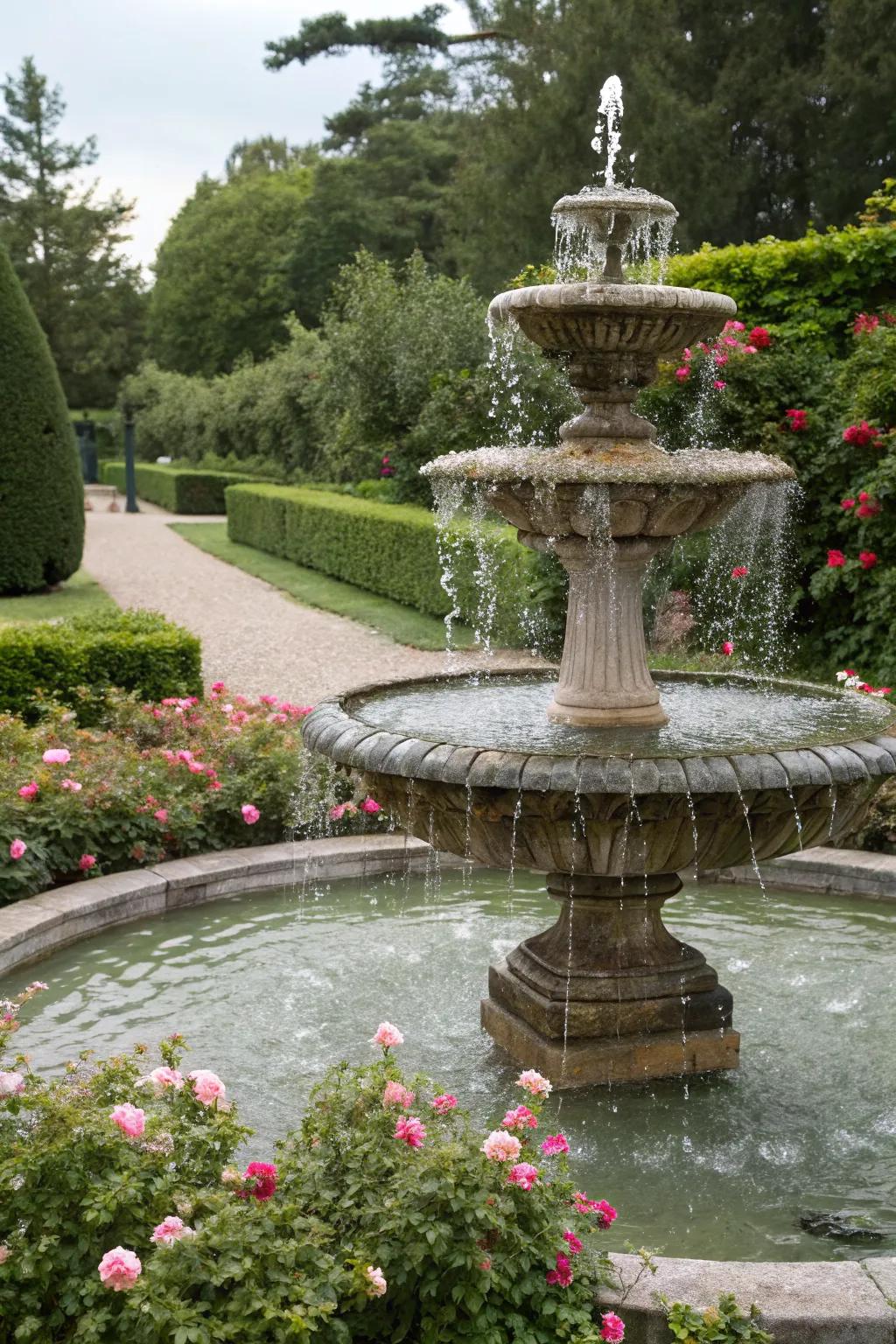 Garden fountain with a dramatic waterfall effect.