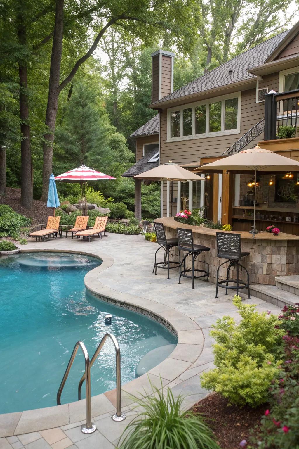 A swim-up bar brings a touch of resort luxury to this freeform pool.