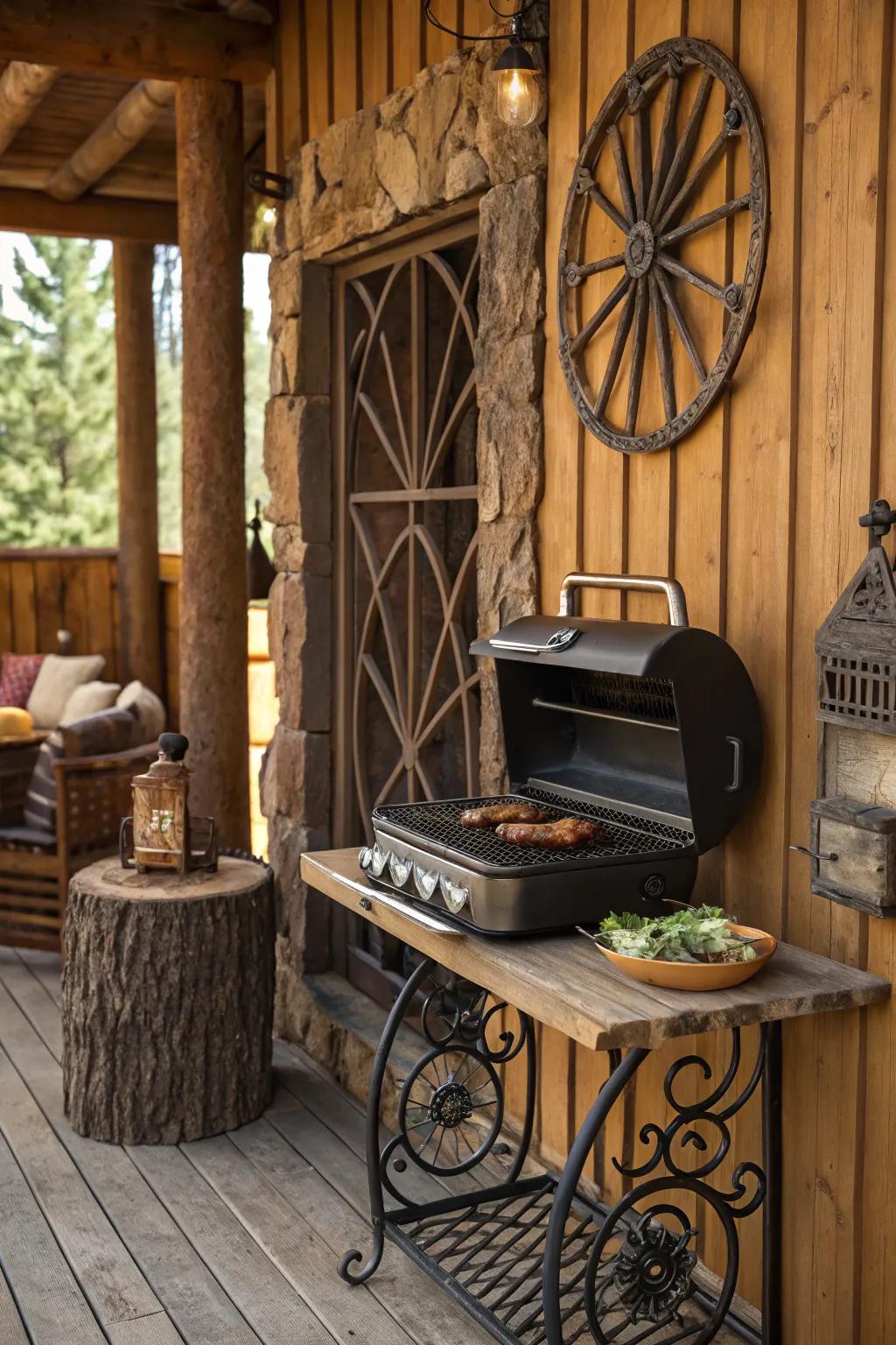 Rustic metal touches enhance the vintage feel of your grill setup.