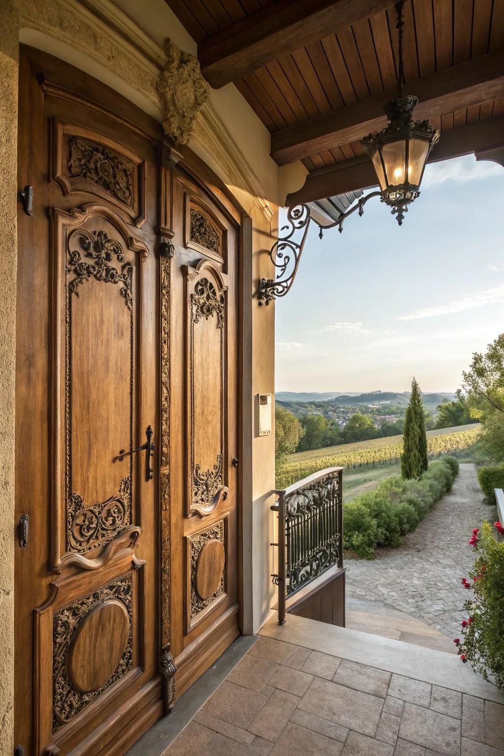 An ornate door serves as a stunning centerpiece.