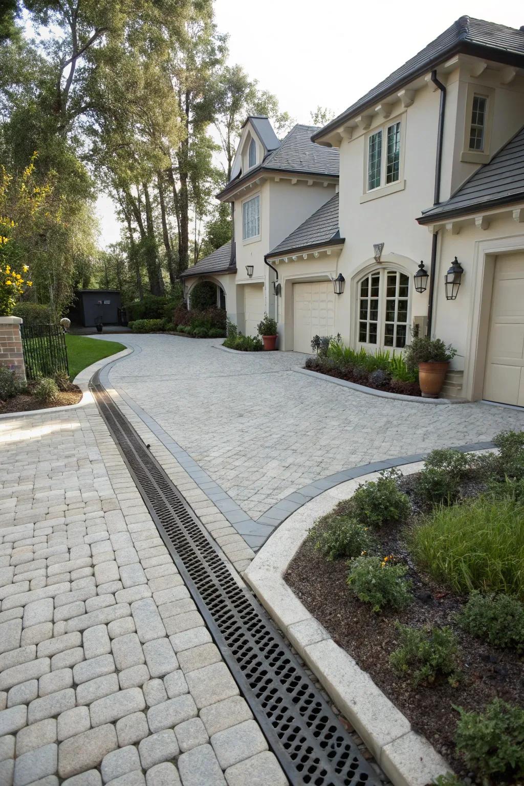 A chic driveway protected by a French drain.