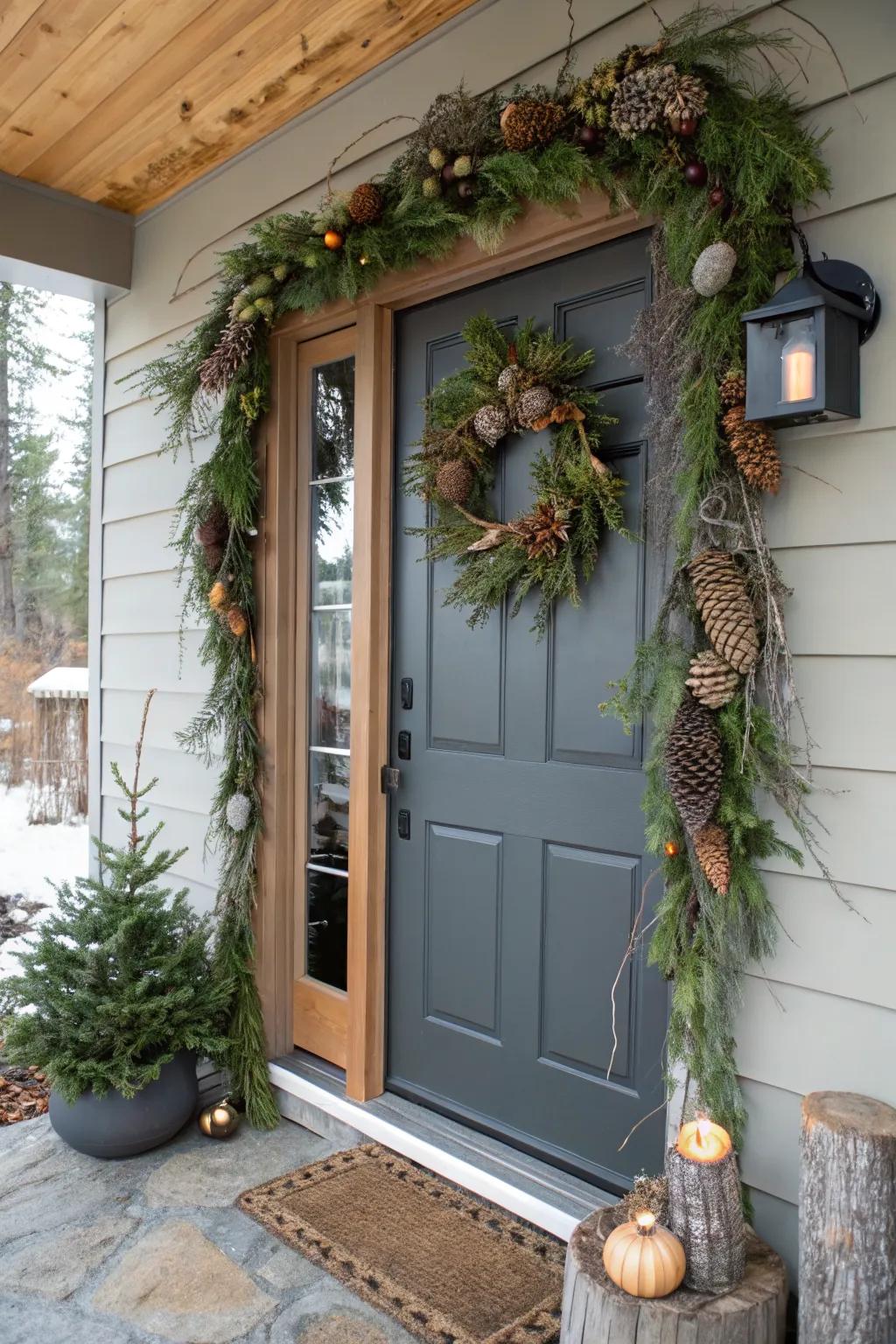 A forest-inspired garland featuring twigs and acorns for a natural look.
