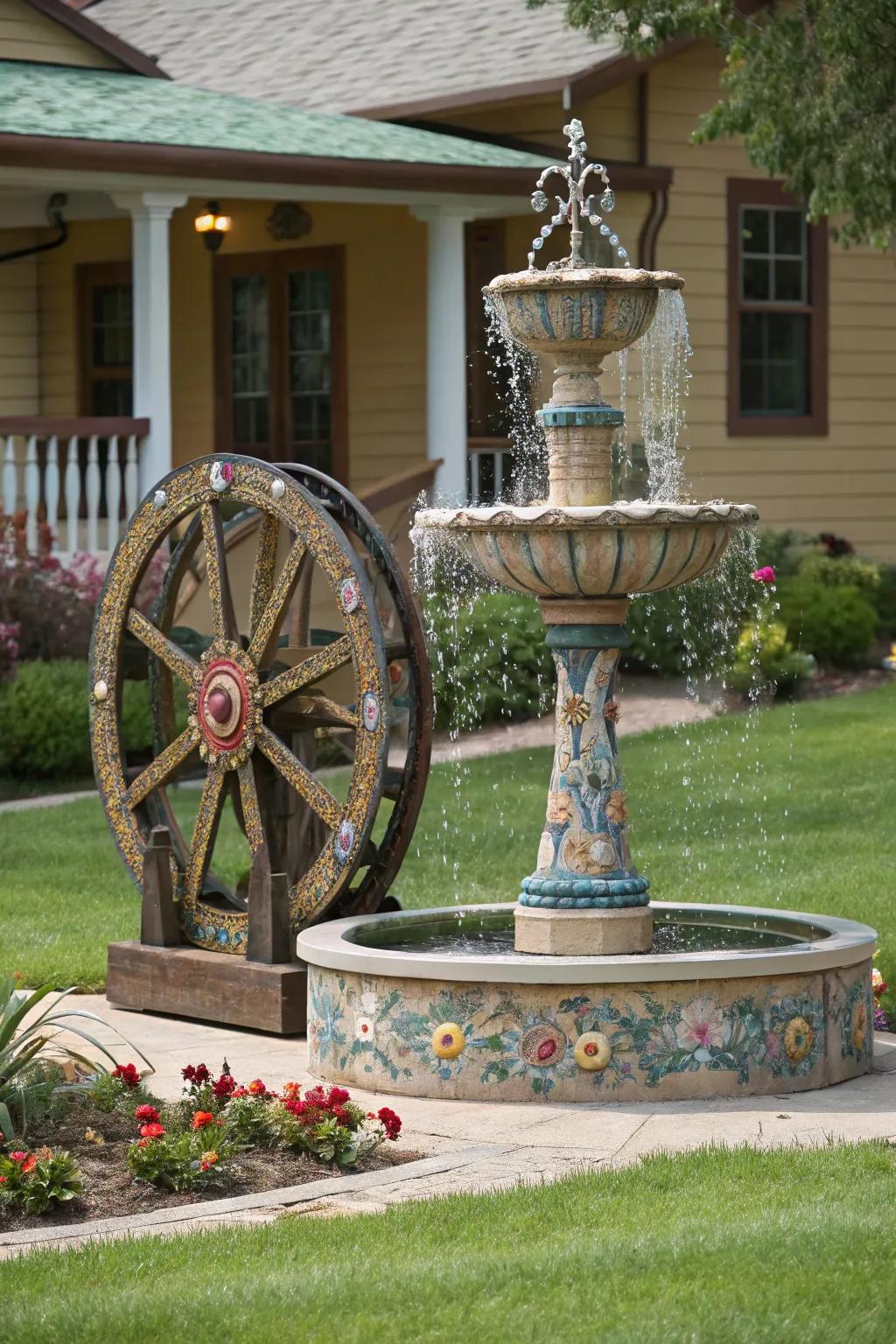 Wheel fountains add playful movement to any entrance.