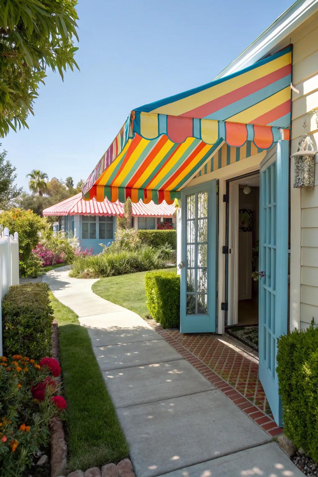A colorful canvas awning brightening up a home.