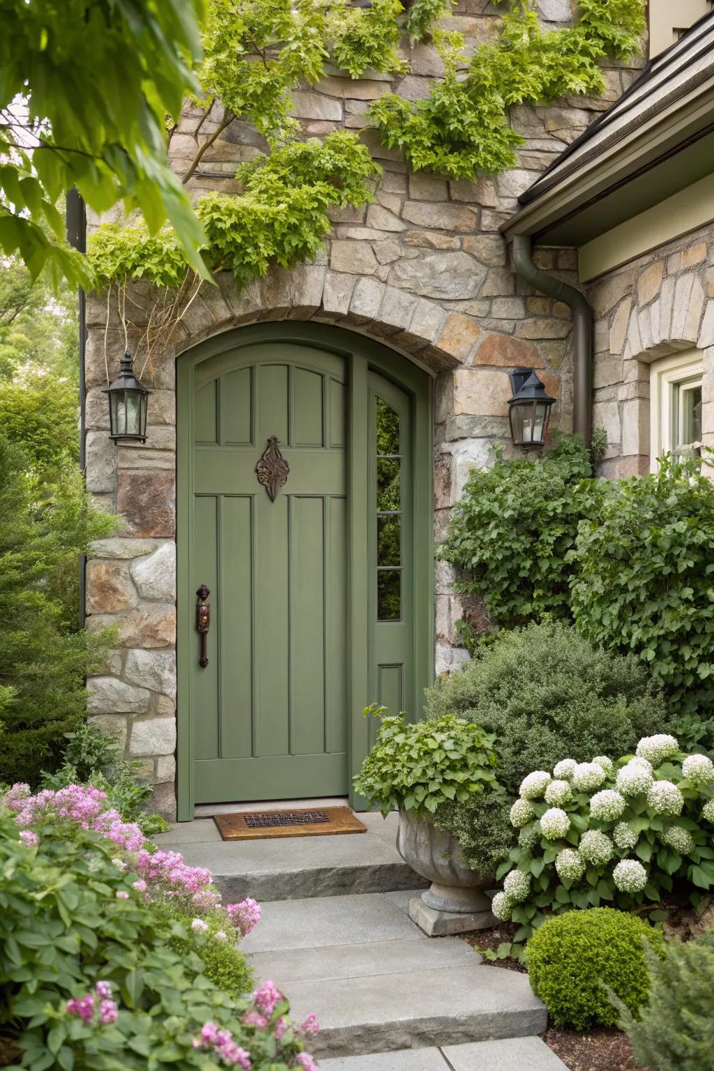 Earthy sage green front door blending with nature.