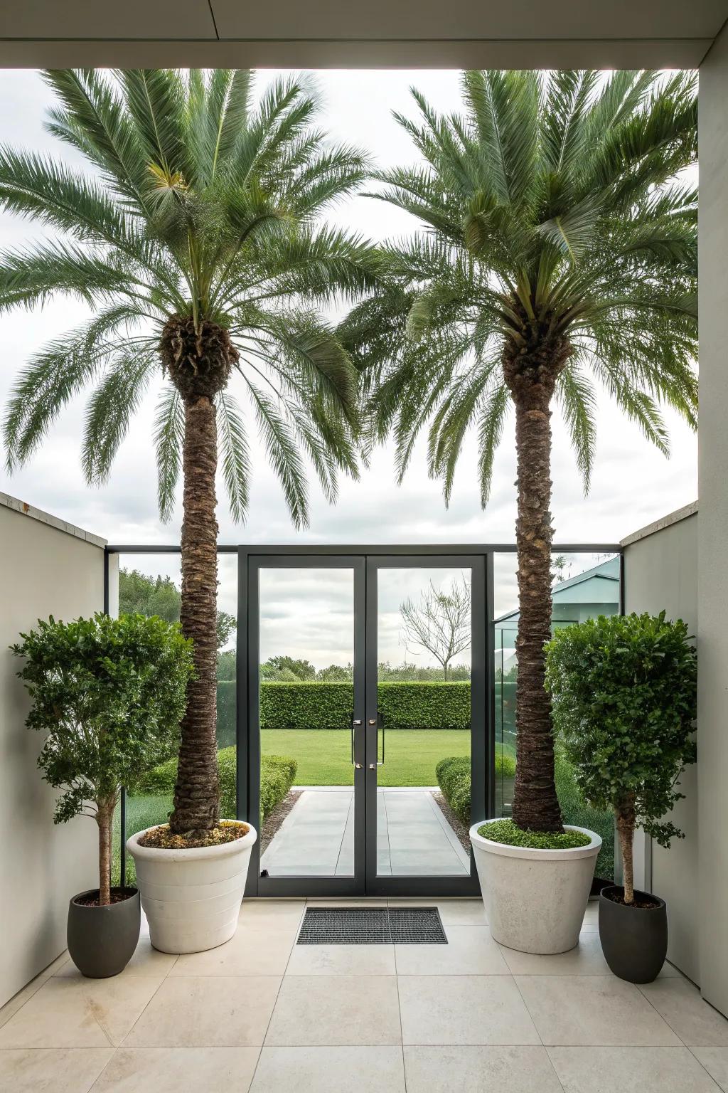Palm trees provide a grand and tropical welcome.