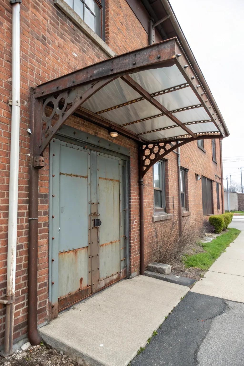 An industrial metal awning adds rugged character to this entrance.