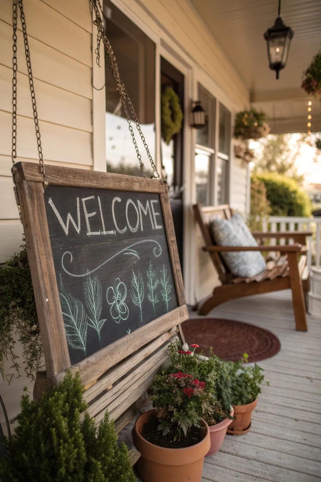 Chalkboard signs offer a fun and adaptable welcome.