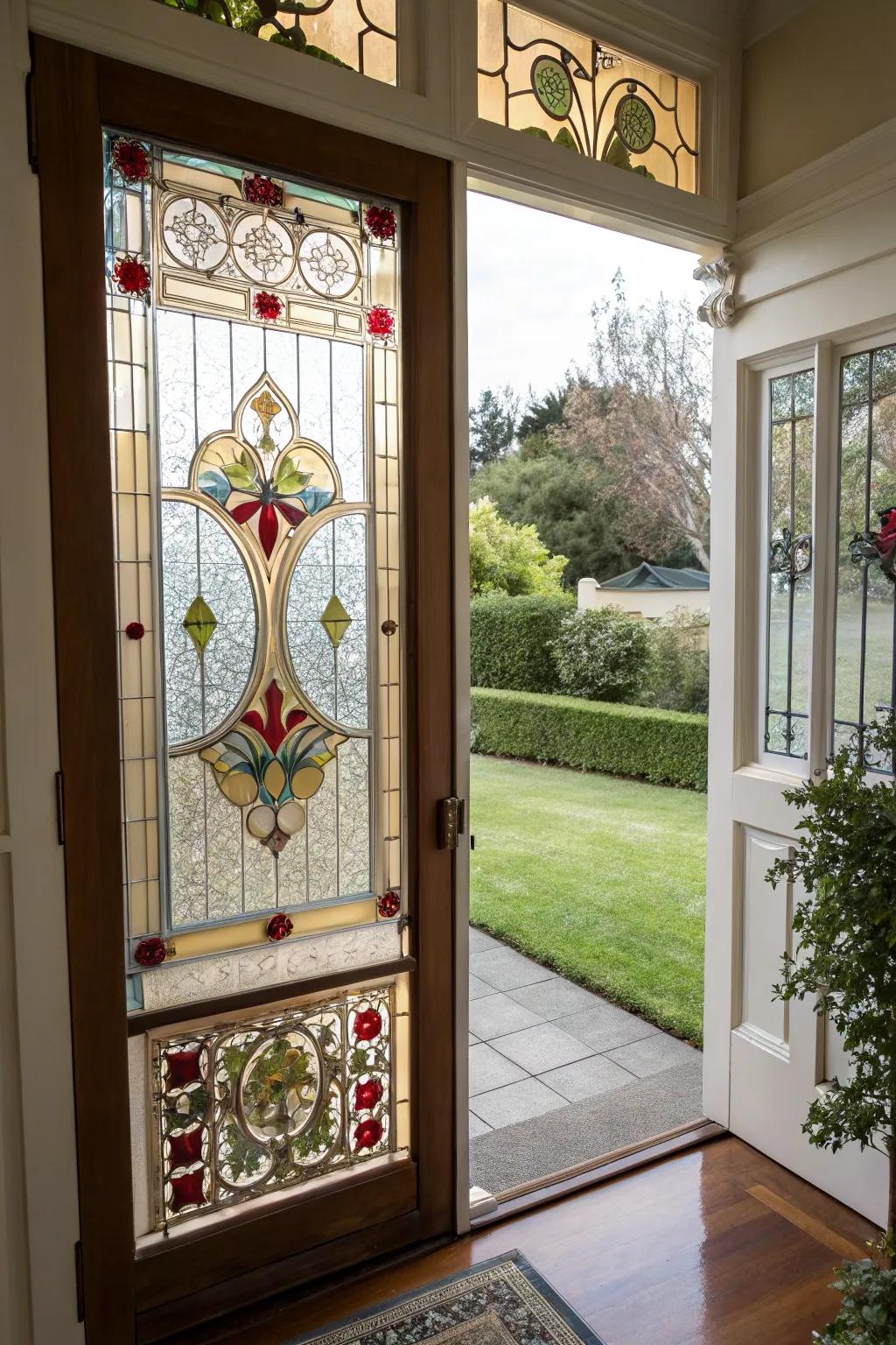 Vintage-inspired glass adds character and charm to this front door.