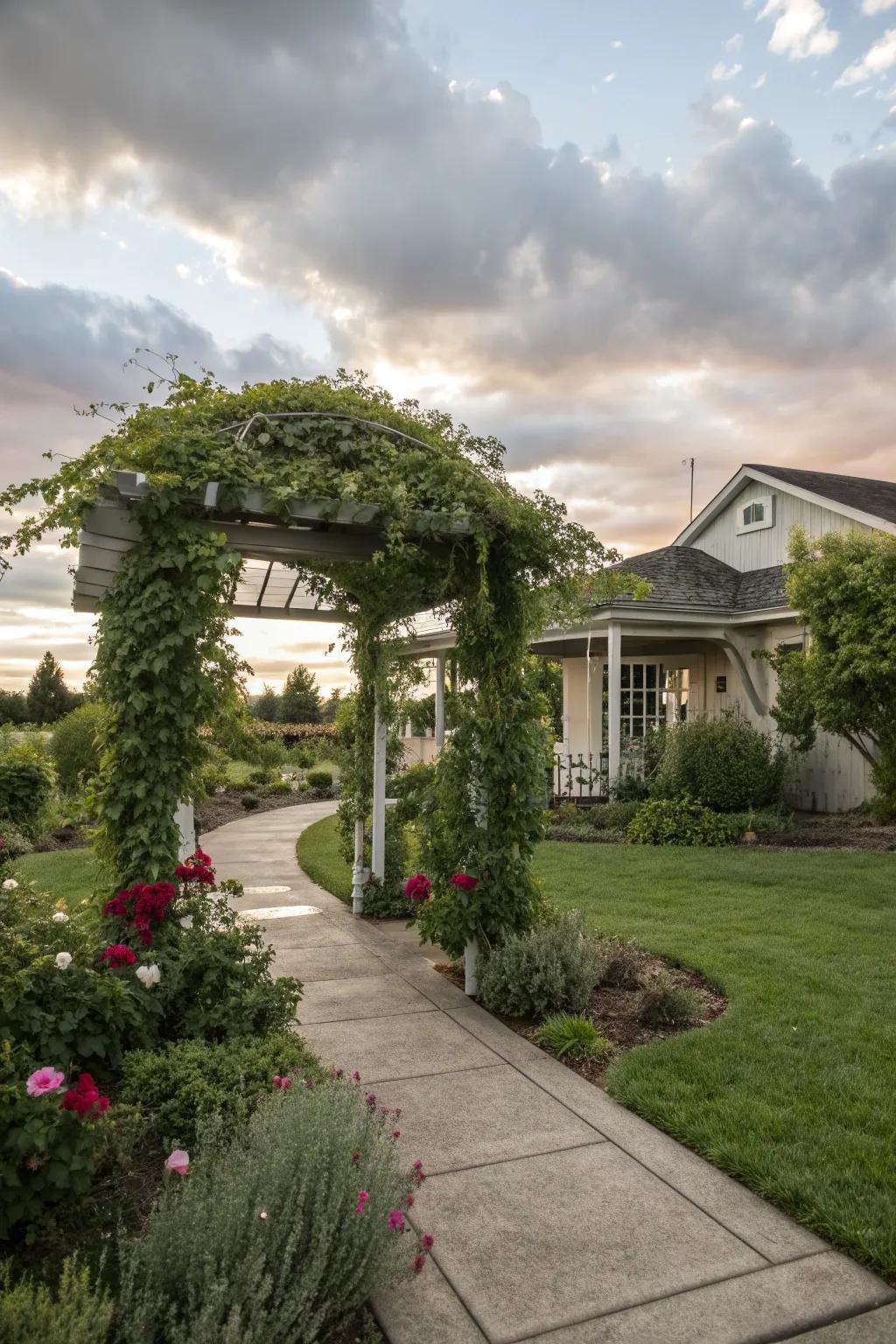 An arbor invites guests with its architectural charm.