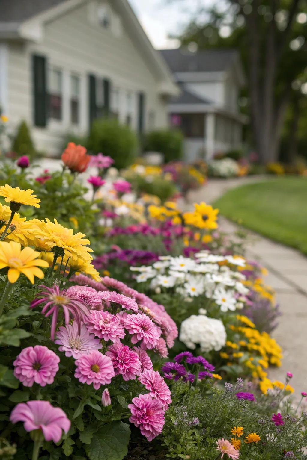 A front flower bed showcasing a vibrant mix of seasonal flowers.