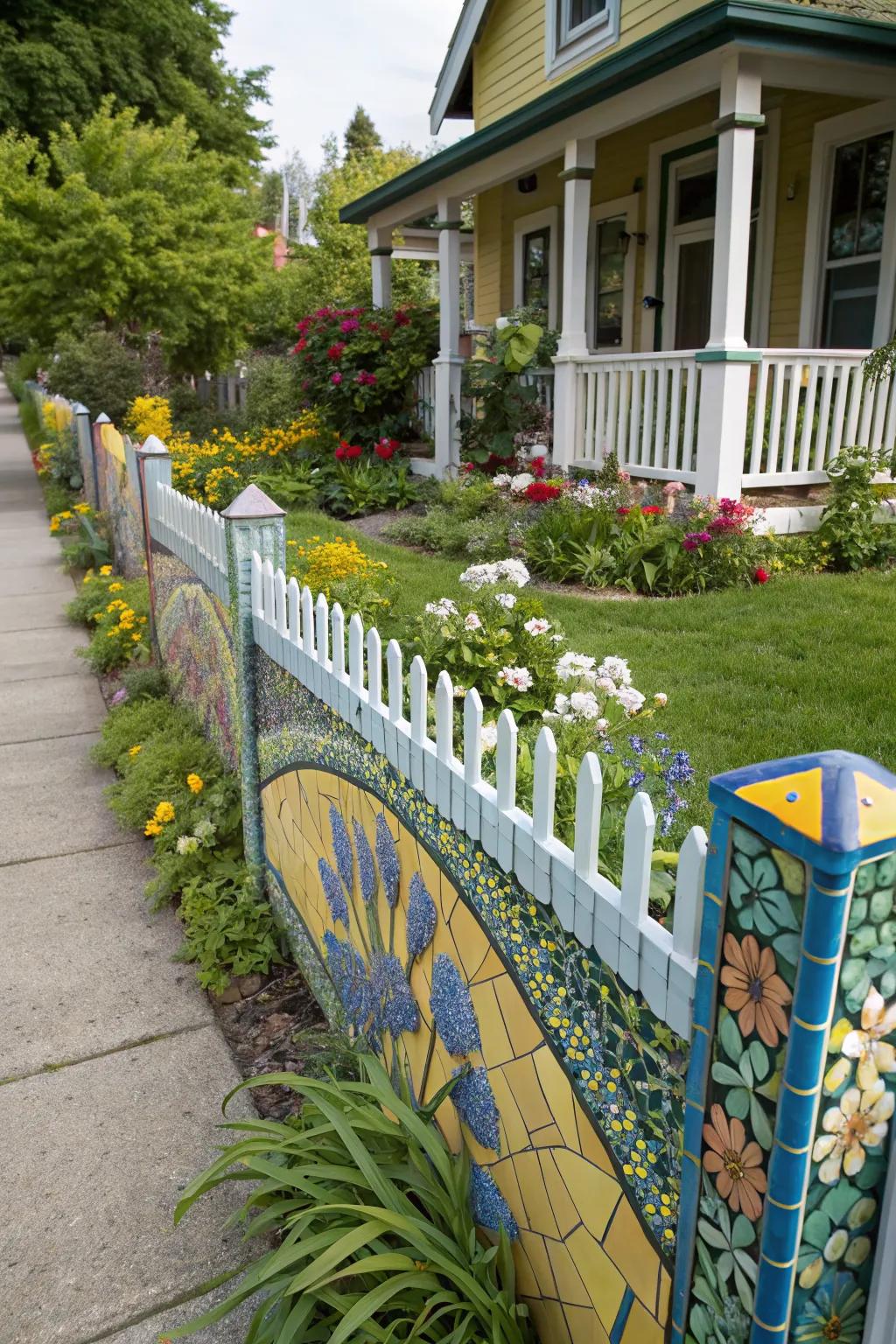 Express your creativity with a colorful mosaic fence.