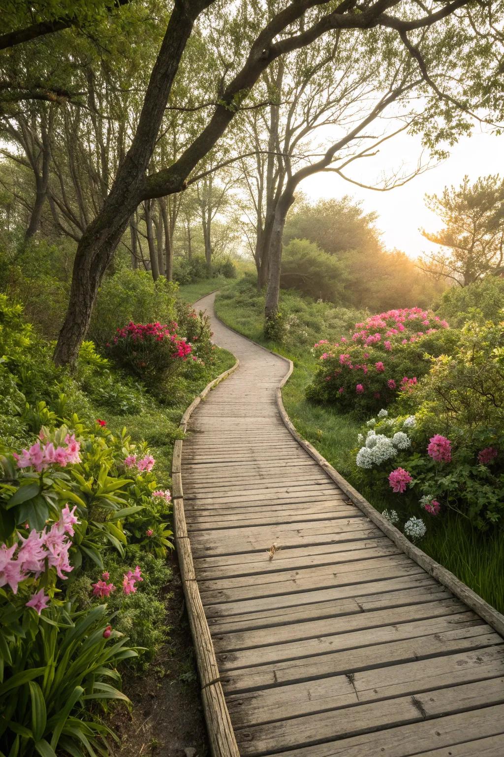 A wooden boardwalk path, offering a natural and comfortable walkway.