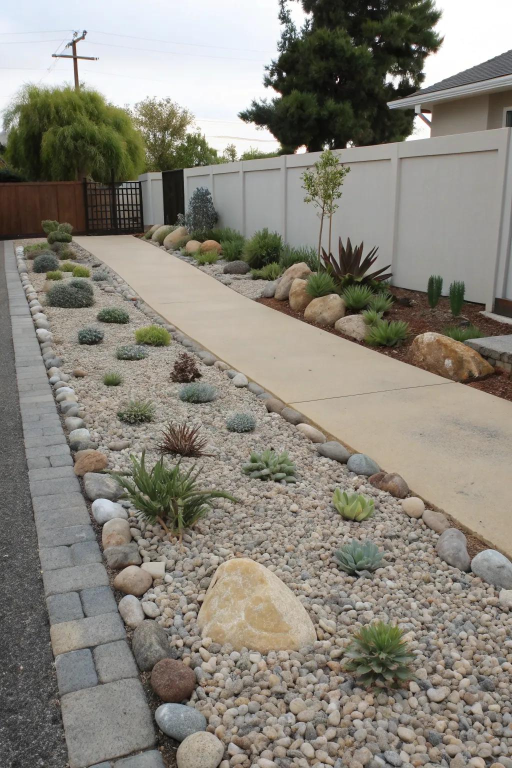 A low maintenance gravel garden beside the driveway.