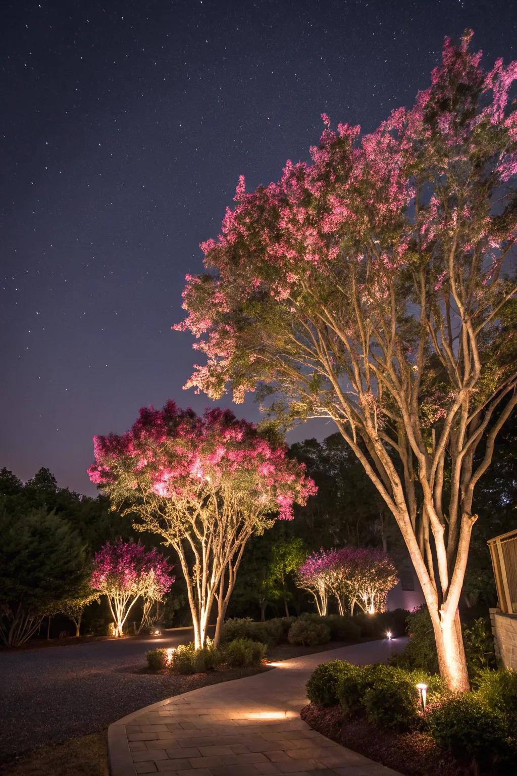 Uplighting transforms crepe myrtles into a nighttime spectacle.