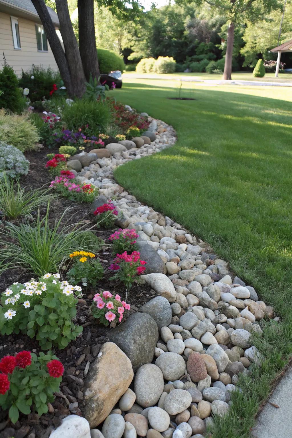 River rock borders prevent erosion and add texture to flower beds.
