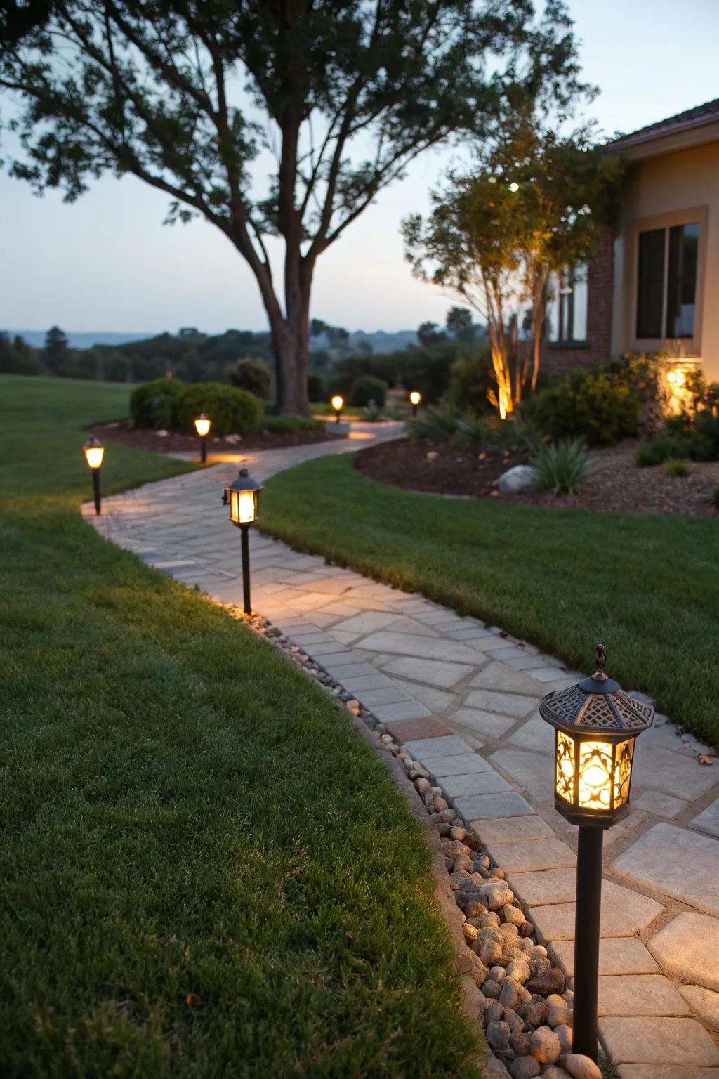 Pathway lighting enhances safety and adds ambiance.