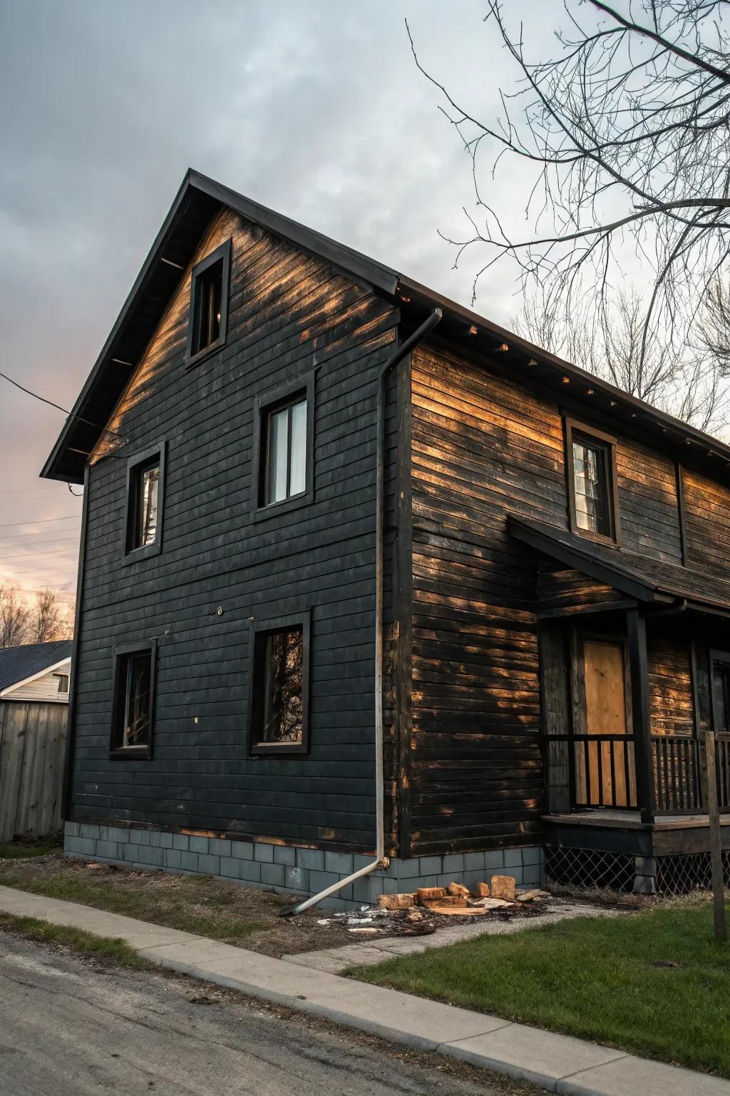 A house with dramatic charred wood cladding.